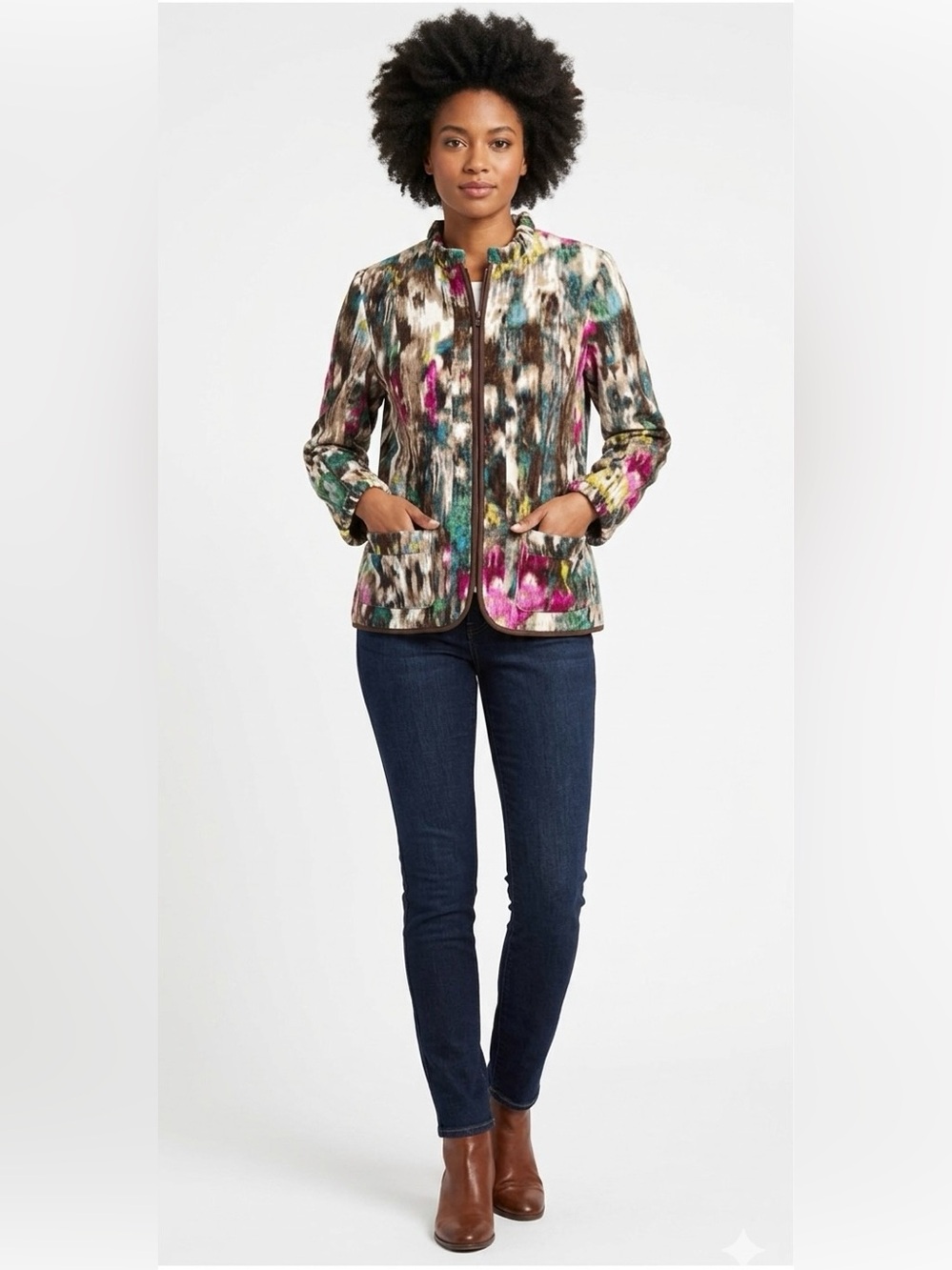 RQT Women’s Corduroy Front Zip Ruffled Collar/Sleeve Hem Multicolor Jacket SZ L